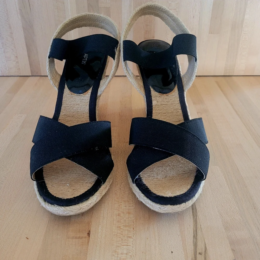 Apt. 9 Black and Tan Espadrille Wedge Cross Toe, Slingback Sandal. Size 10